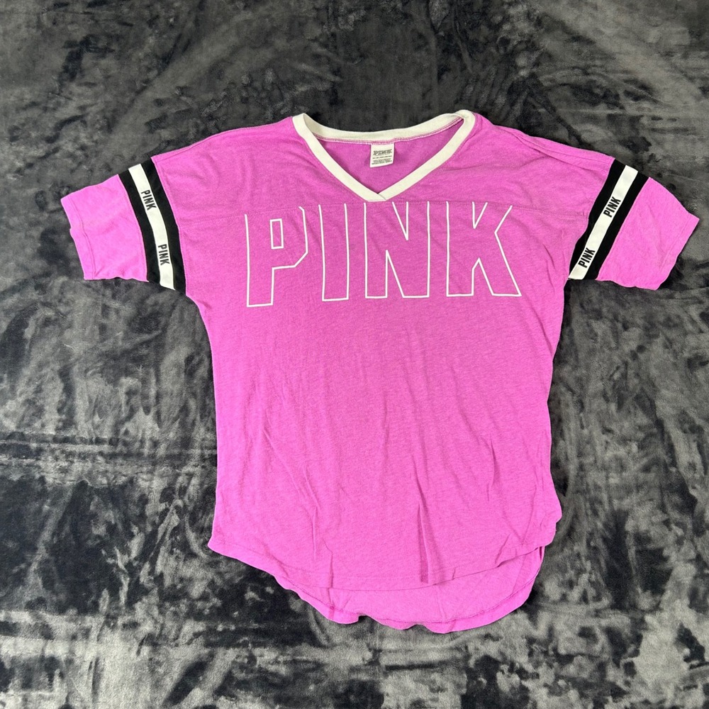 PINK Victoria's Secret T-Shirt Womens XS Purple‎ V-Neck Logo Athletic Stripe